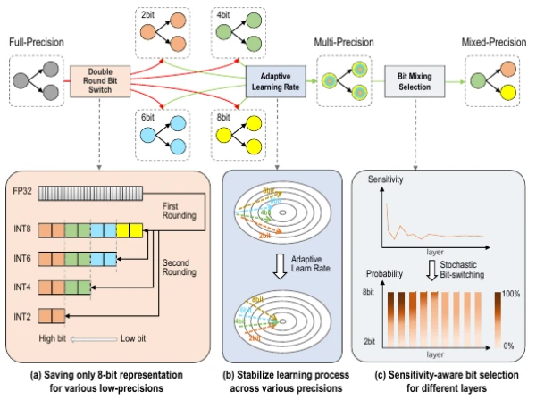 Overview of adaptive bit switching using Double Rounding and adaptive learning-rate scaling.