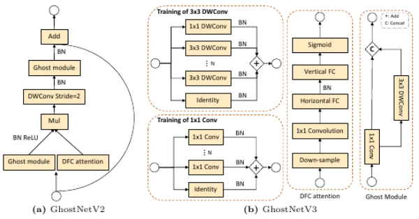 Comparison of GhostNetV2 and GhostNetV3 architectures and re-parameterized training blocks.