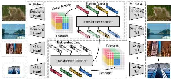 The IPT architecture shares a Transformer across denoising, deraining, and super-resolution tasks.