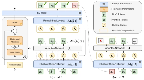 Kangaroo uses a shallow sub-network and early exits during speculative drafting.